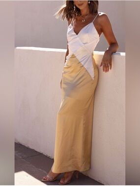 Satin Two-Tone Slip Maxi Dress in White and Beige